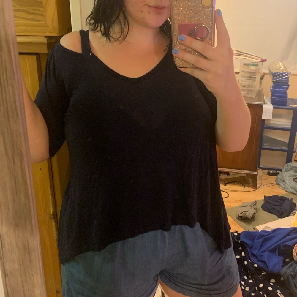 Dark Blue Cozy Cold Shoulder Top